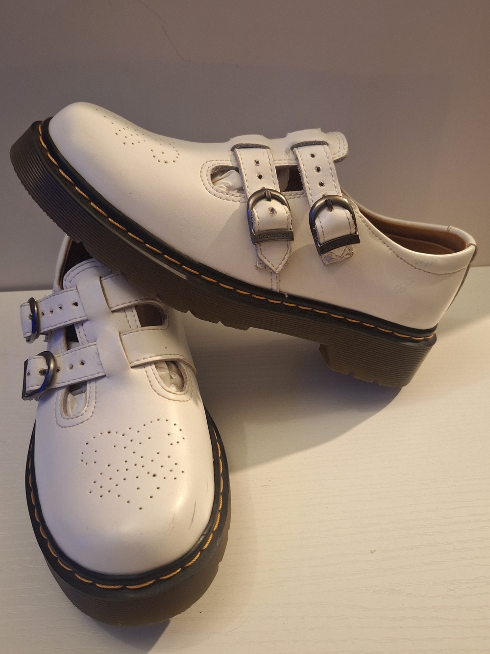 Dr. Martens White Double-Buckle Leather Shoes Womens Size 6